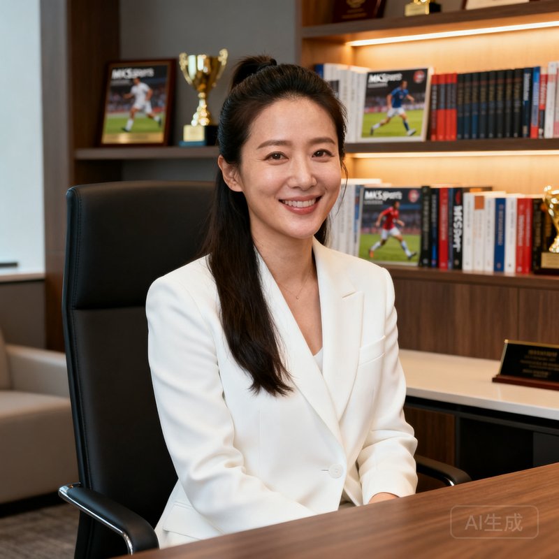 MKSports联合创始人李雪琴人物肖像，35岁左右的女性，长发扎起，穿白色西装外套，坐在布置雅致的办公室里，书架上有体育类书籍和奖杯。